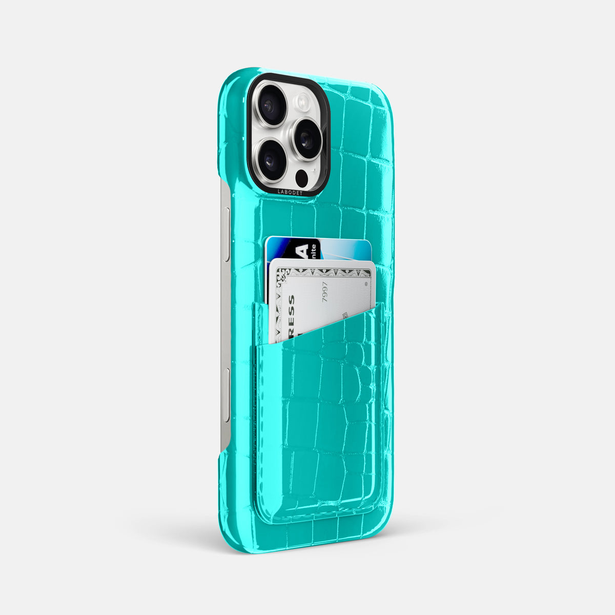 Mint iPhone 16 Pro Max Double Card Case Shiny Alligator with Black Metal -2 | Mint-Black
