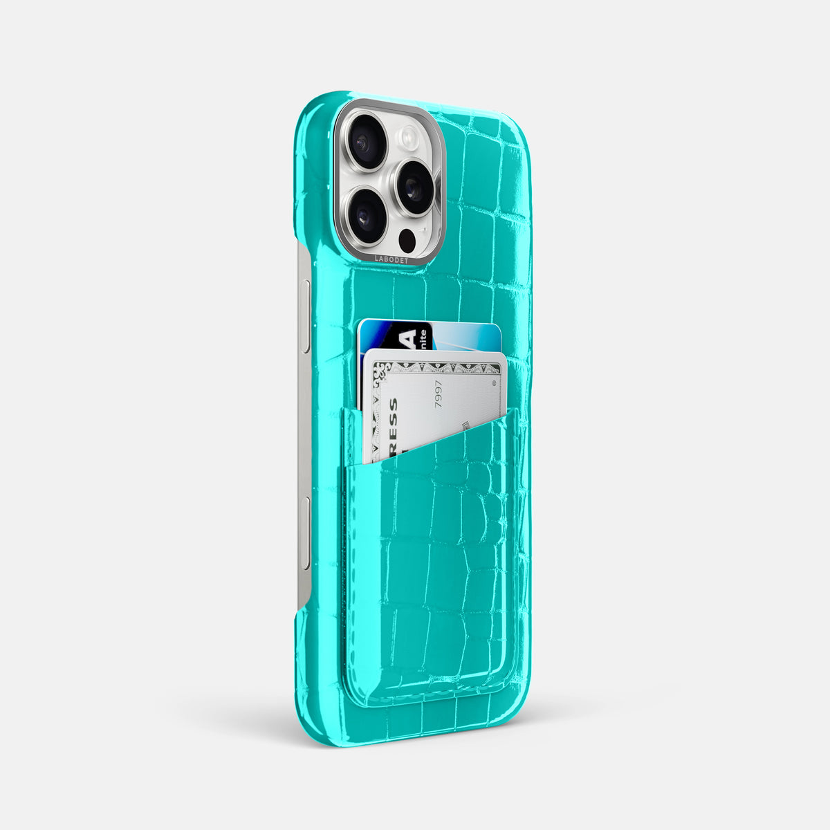 Mint iPhone 16 Pro Max Double Card Case Shiny Alligator with Steel Metal -2 | Mint-Steel