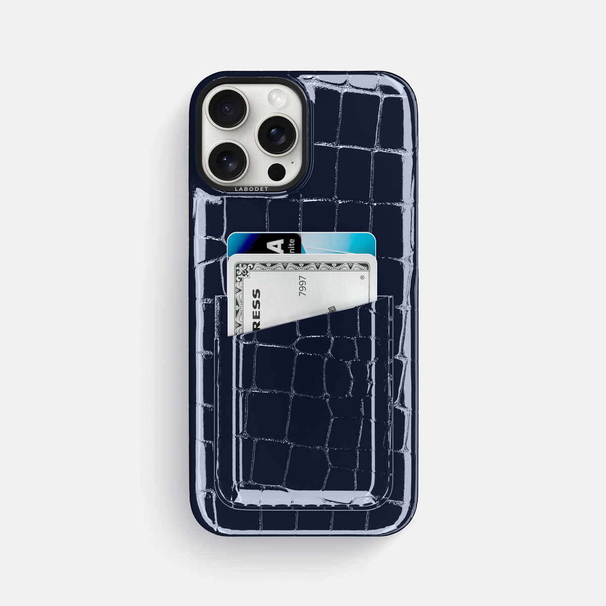 Navy-Blue iPhone 16 Pro Max Double Card Case Shiny Alligator with Black Metal -1 | Navy-Blue-Black