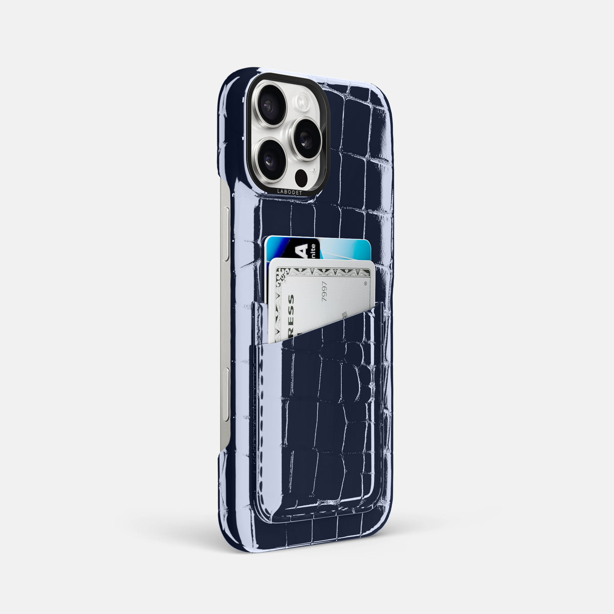 Navy-Blue iPhone 16 Pro Max Double Card Case Shiny Alligator with Black Metal -2 | Navy-Blue-Black