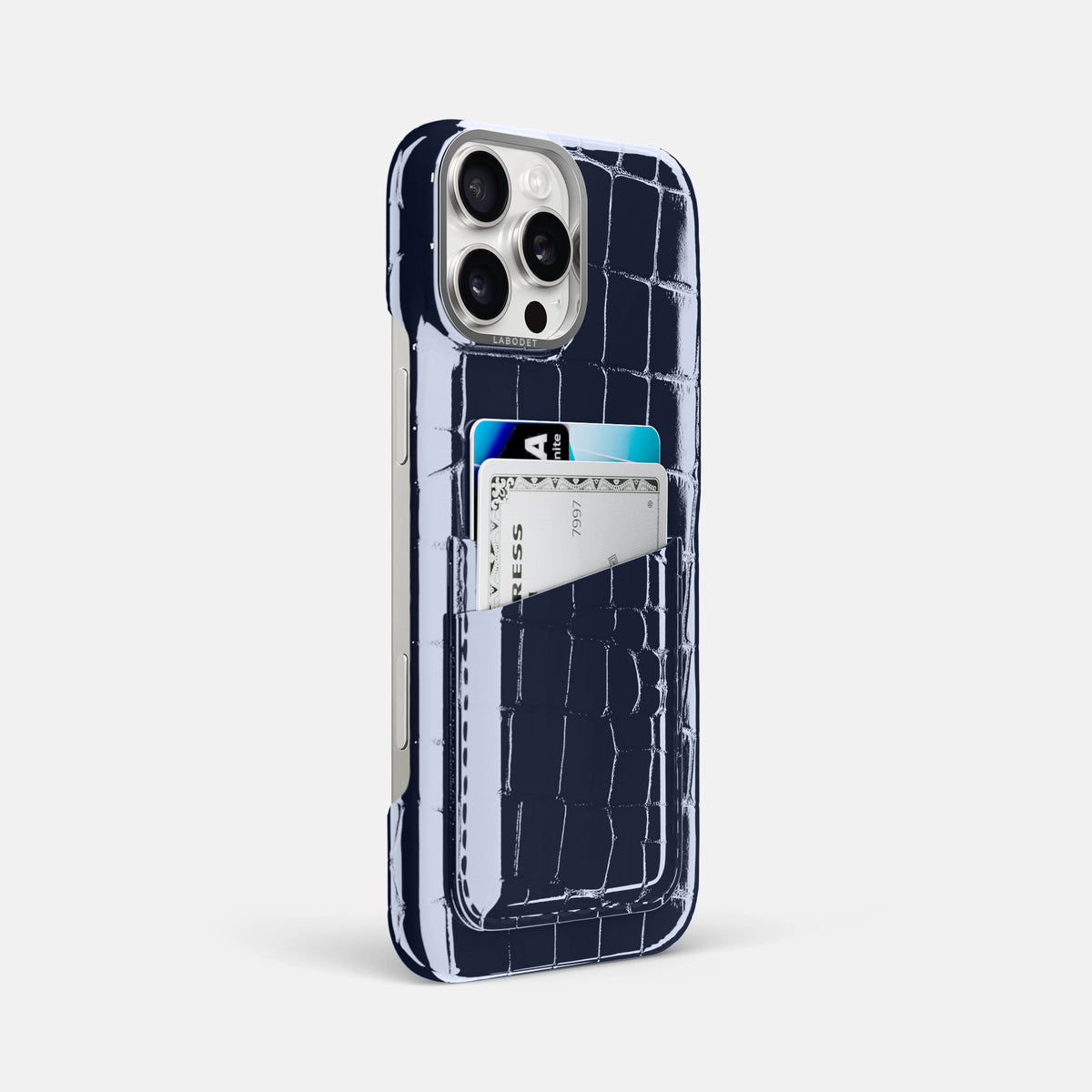 Navy-Blue iPhone 16 Pro Max Double Card Case Shiny Alligator with Steel Metal -2 | Navy-Blue-Steel