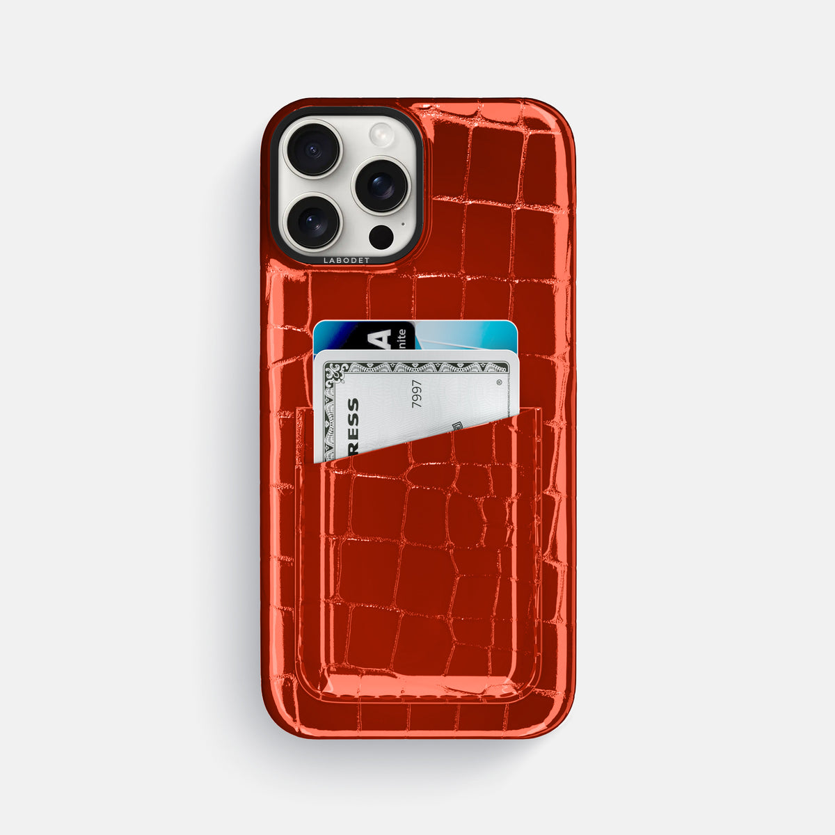 Orange iPhone 16 Pro Max Double Card Case Shiny Alligator with Black Metal -1 | Orange-Black