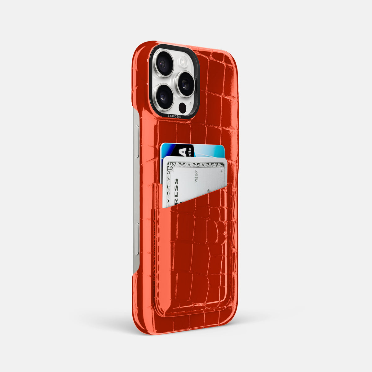 Orange iPhone 16 Pro Max Double Card Case Shiny Alligator with Black Metal -2 | Orange-Black