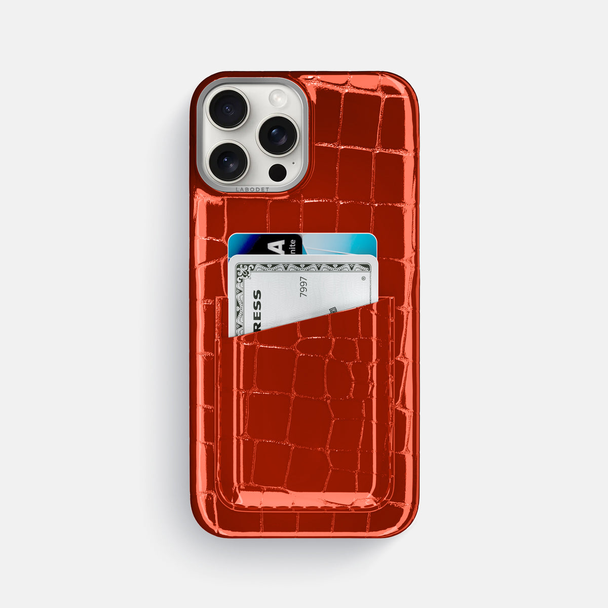 Orange iPhone 16 Pro Max Double Card Case Shiny Alligator with Steel Metal -1 | Orange-Steel