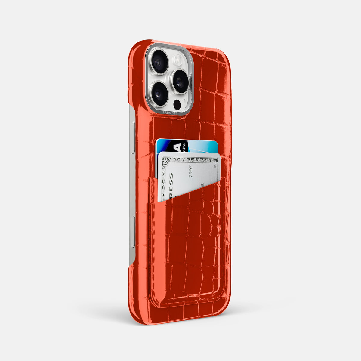 Orange iPhone 16 Pro Max Double Card Case Shiny Alligator with Steel Metal -2 | Orange-Steel