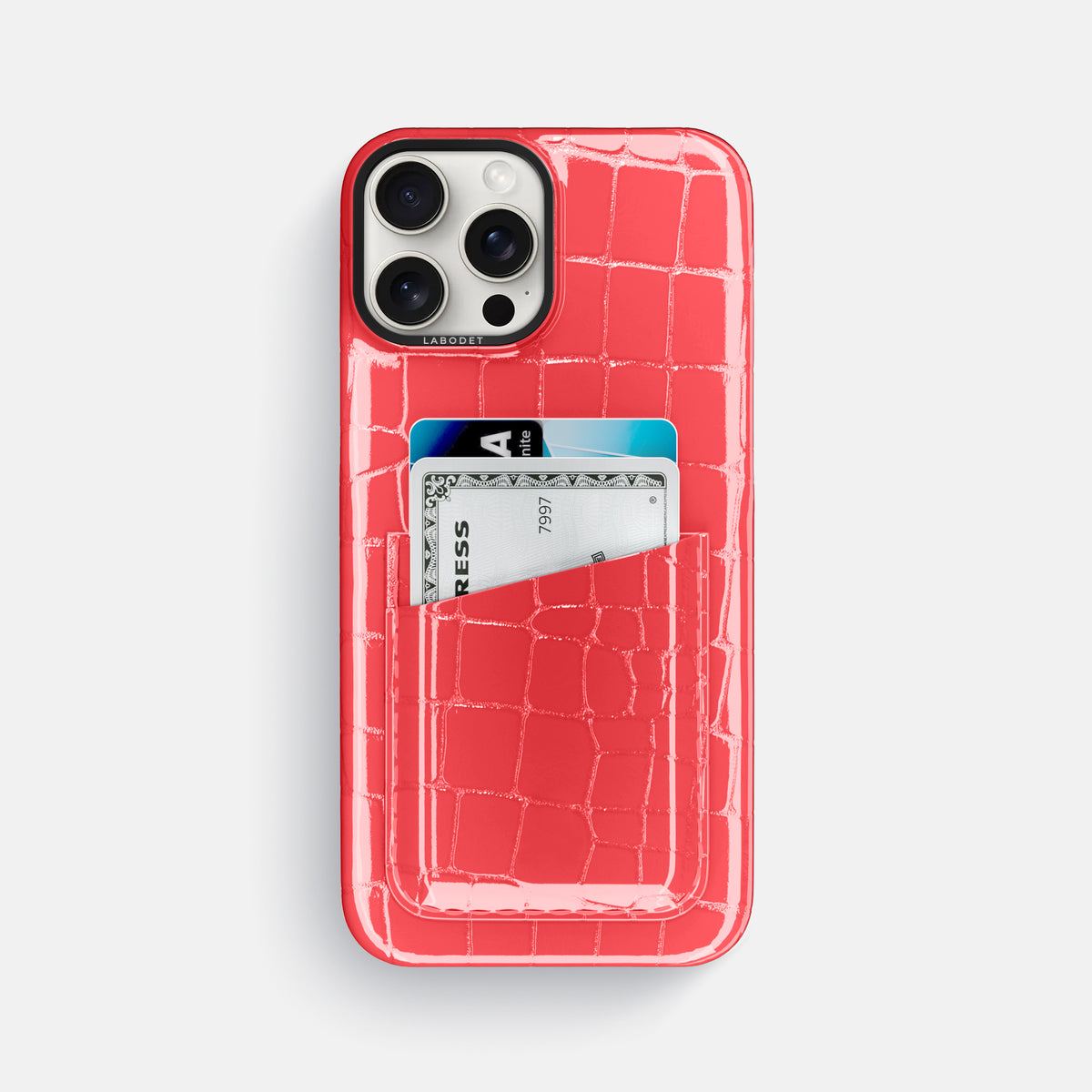 Papaya iPhone 16 Pro Max Double Card Case Shiny Alligator with Black Metal -1 | Papaya-Black