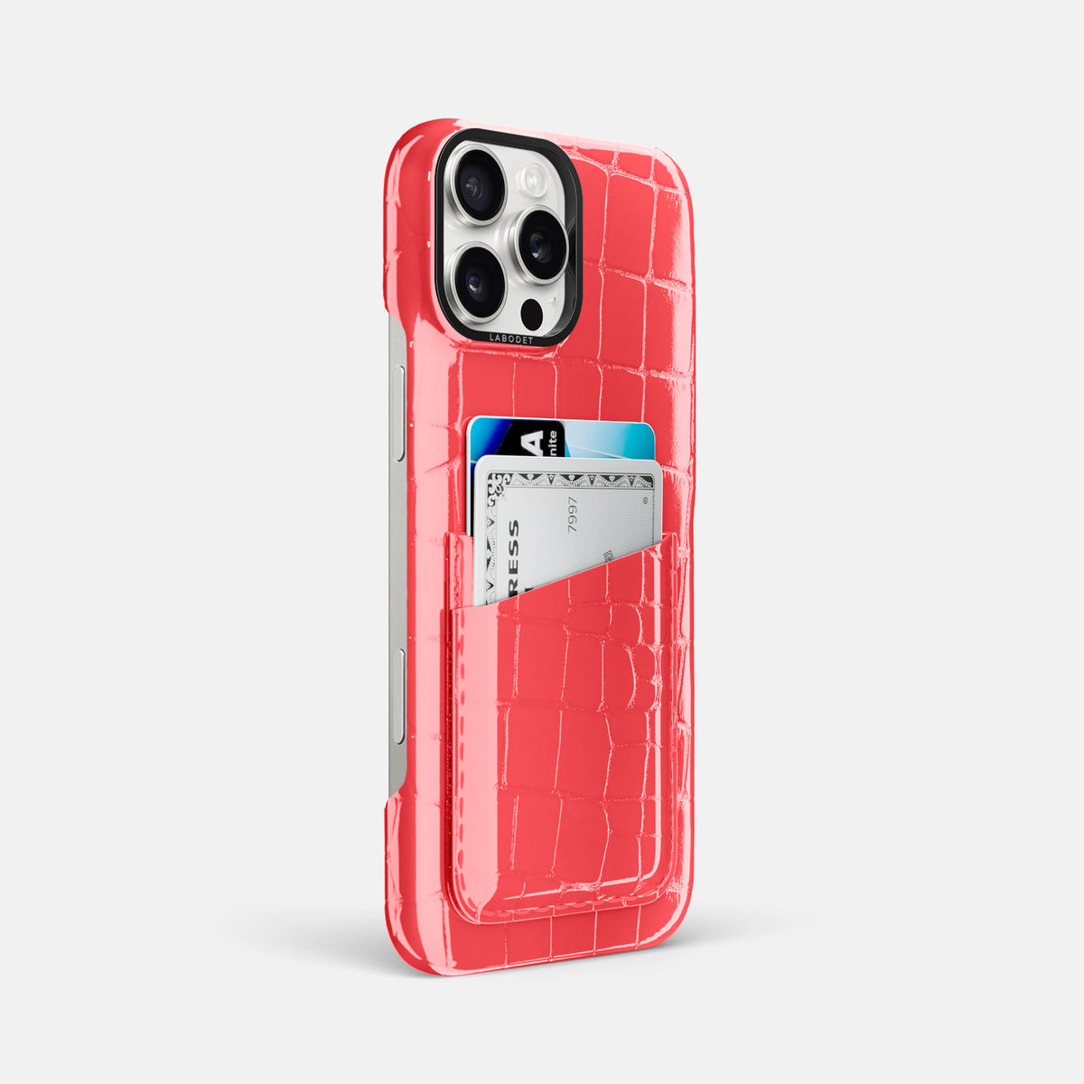 Papaya iPhone 16 Pro Max Double Card Case Shiny Alligator with Black Metal -2 | Papaya-Black