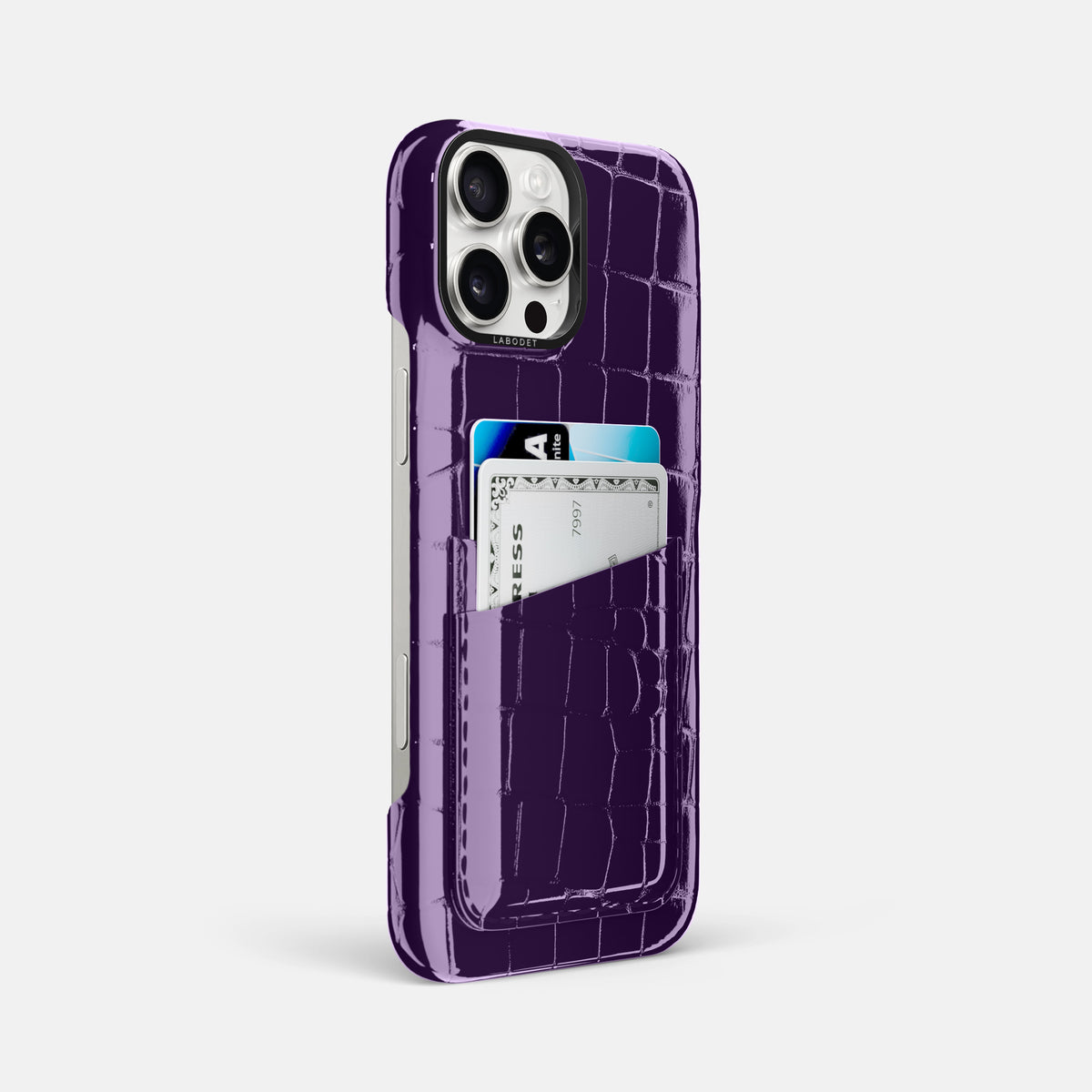 Purple iPhone 16 Pro Max Double Card Case Shiny Alligator with Black Metal -2 | Purple-Black
