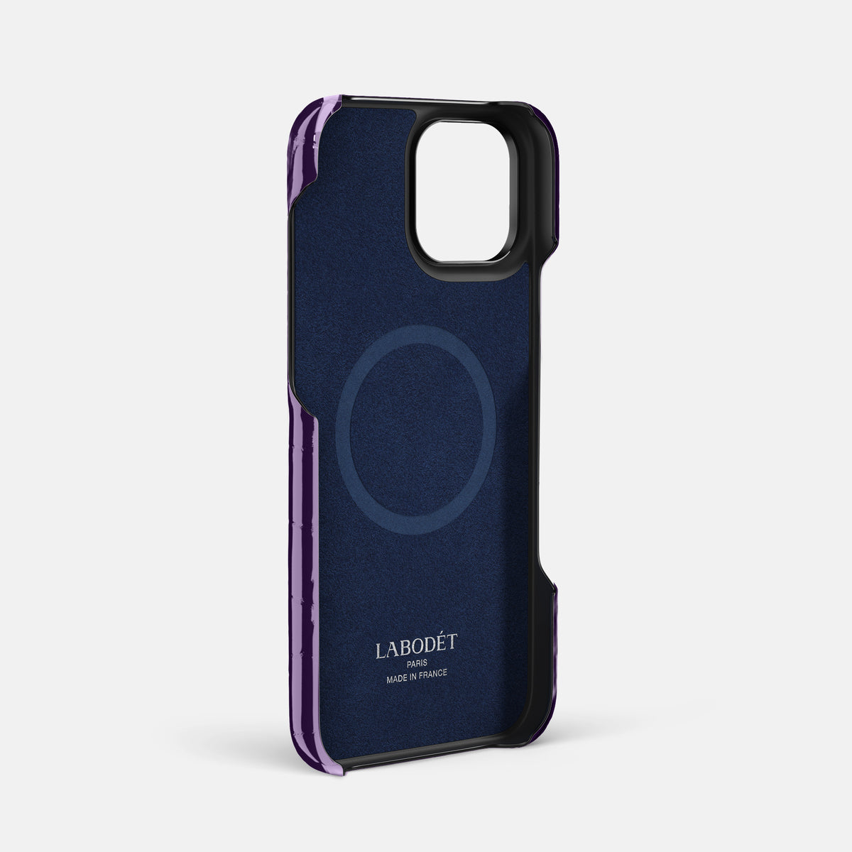 Purple iPhone 16 Pro Max Double Card Case Shiny Alligator with Black Metal -4 | Purple-Black