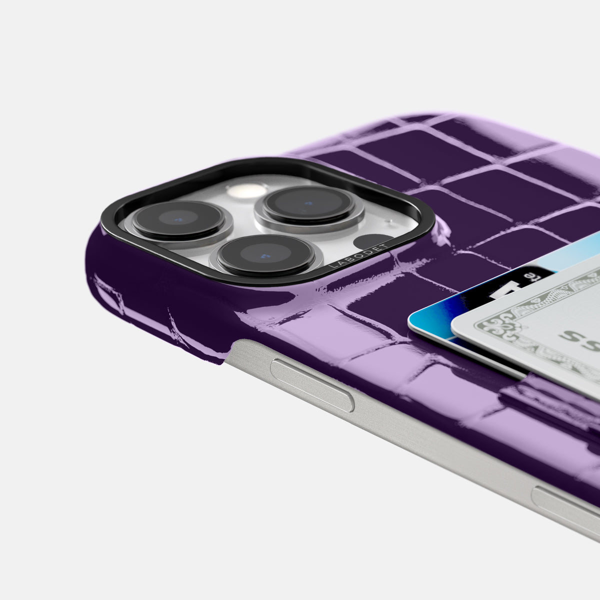 Purple iPhone 16 Pro Max Double Card Case Shiny Alligator with Black Metal -5 | Purple-Black