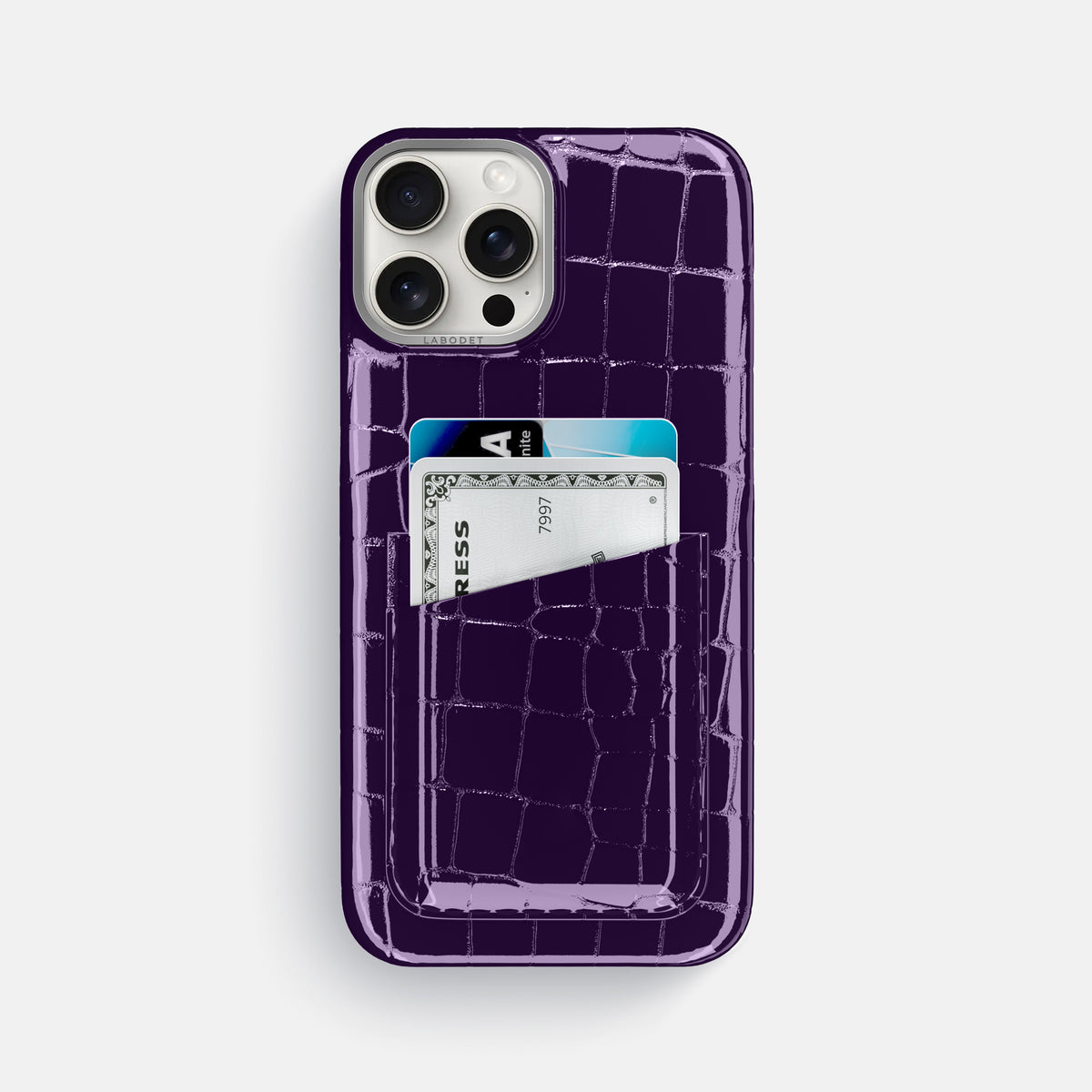 Purple iPhone 16 Pro Max Double Card Case Shiny Alligator with Steel Metal -1 | Purple-Steel