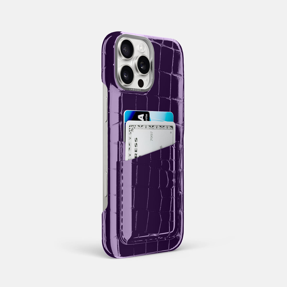Purple iPhone 16 Pro Max Double Card Case Shiny Alligator with Steel Metal -2 | Purple-Steel