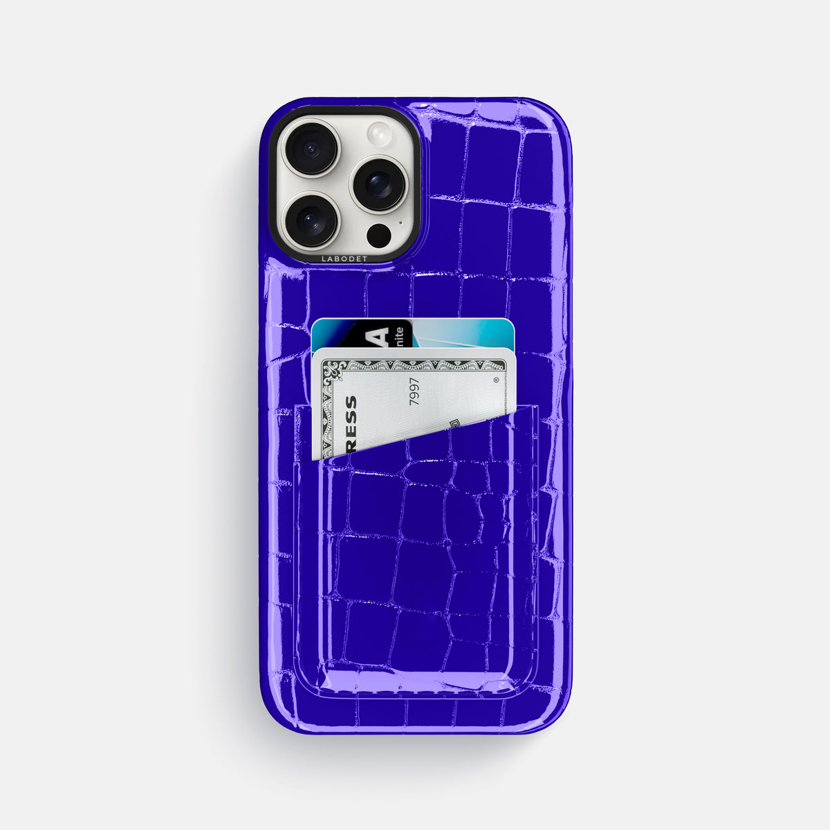 Royal Blue iPhone 16 Pro Max Double Card Case Shiny Alligator with Black Metal -1 | Royal-Blue-Black