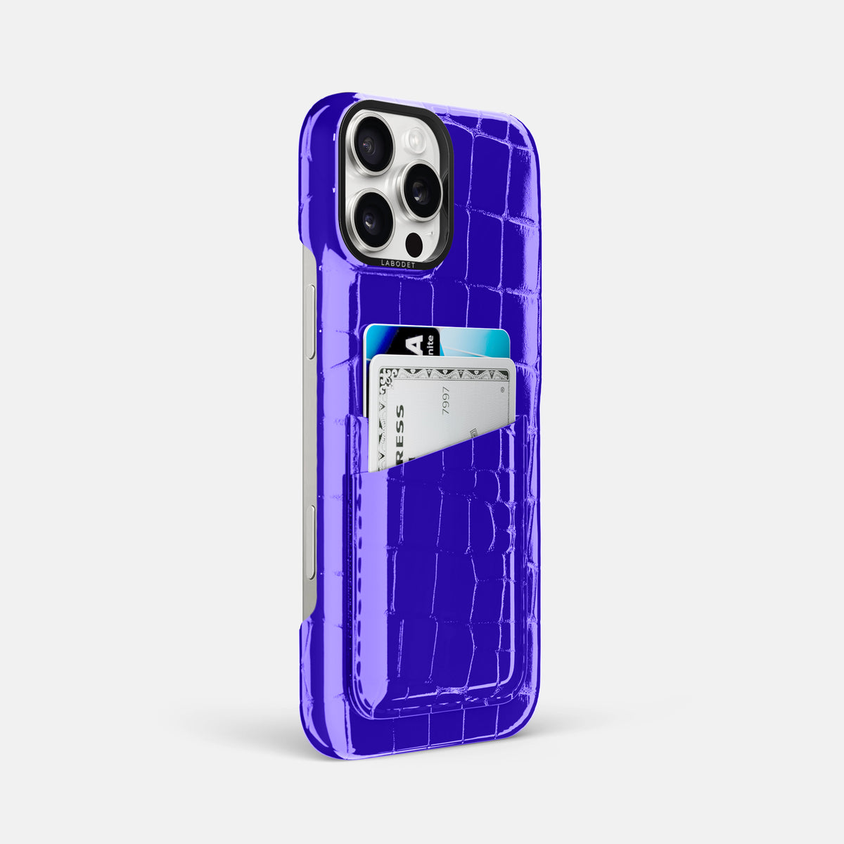 Royal Blue iPhone 16 Pro Max Double Card Case Shiny Alligator with Black Metal -2 | Royal-Blue-Black