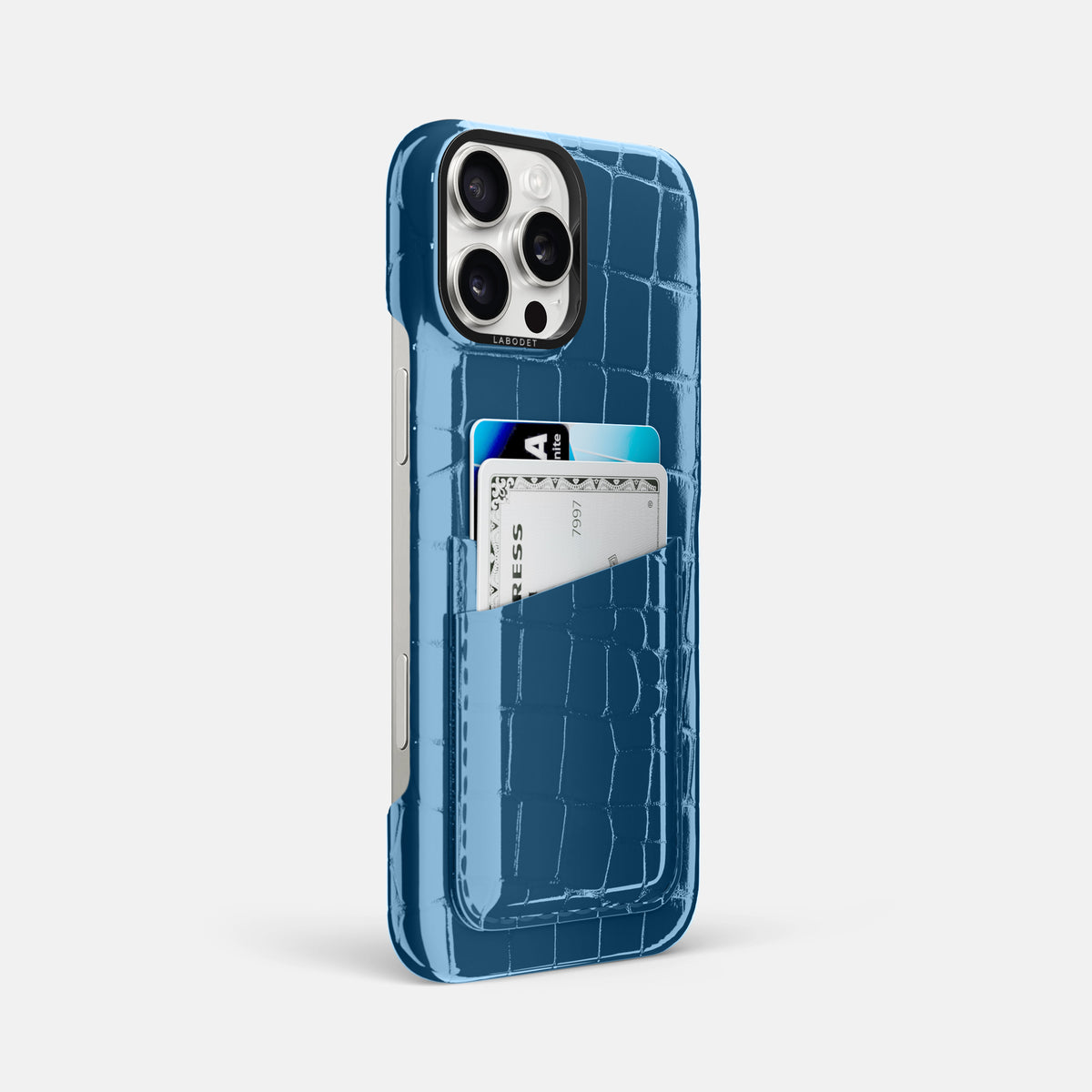 turqoise-blue iPhone 16 Pro Max Double Card Case Shiny Alligator with Black Metal -2 | turqoise-blue-Black