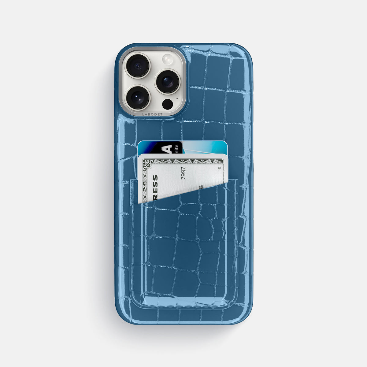 turqoise-blue iPhone 16 Pro Max Double Card Case Shiny Alligator with Steel Metal -1 | turqoise-blue-Steel