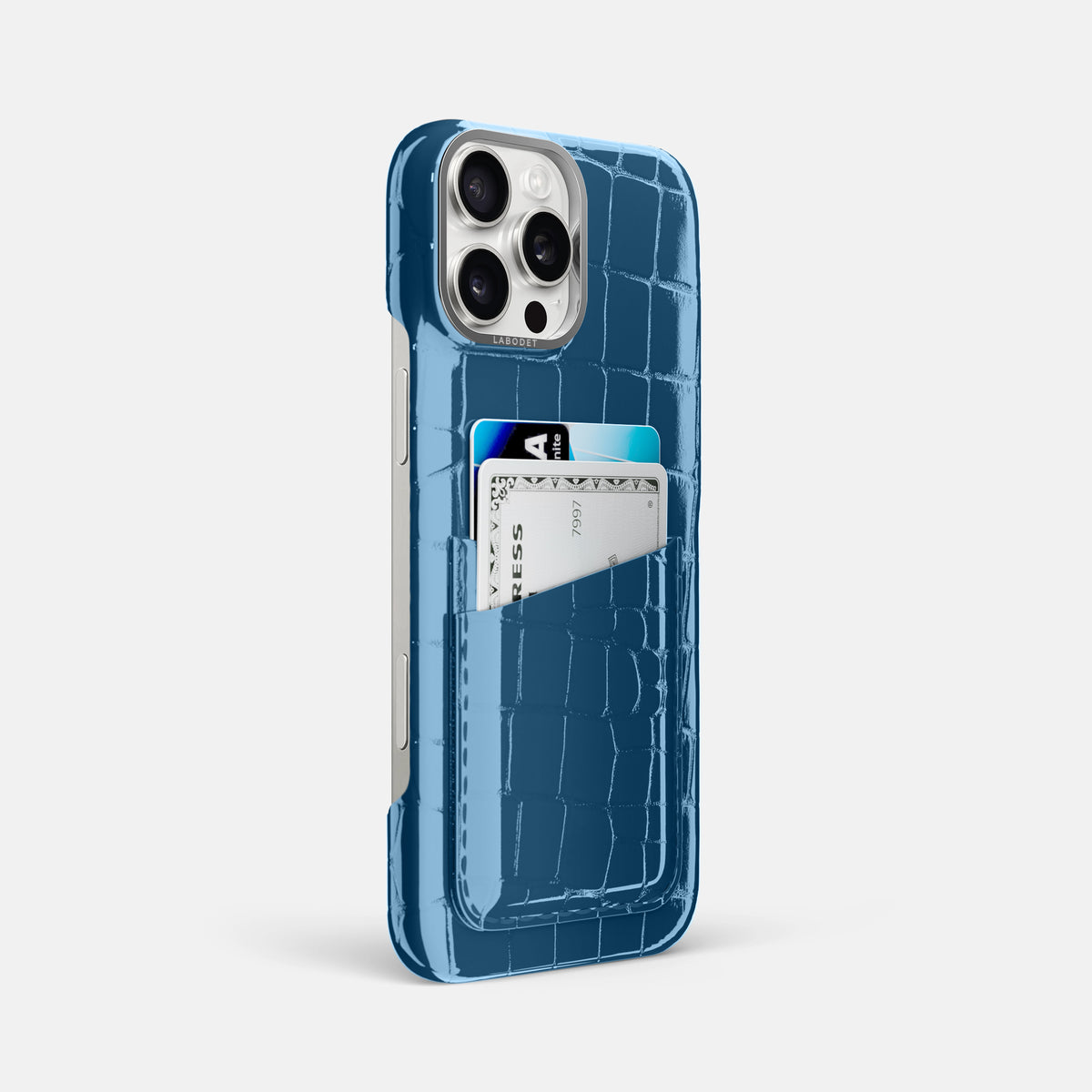 turqoise-blue iPhone 16 Pro Max Double Card Case Shiny Alligator with Steel Metal -2 | turqoise-blue-Steel