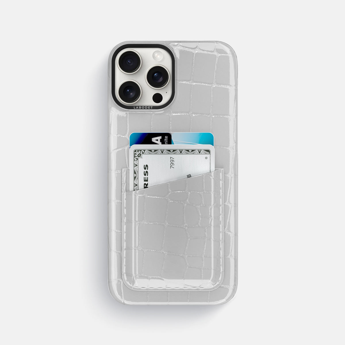 White iPhone 16 Pro Max Double Card Case Shiny Alligator with Black Metal -1 | White-Black