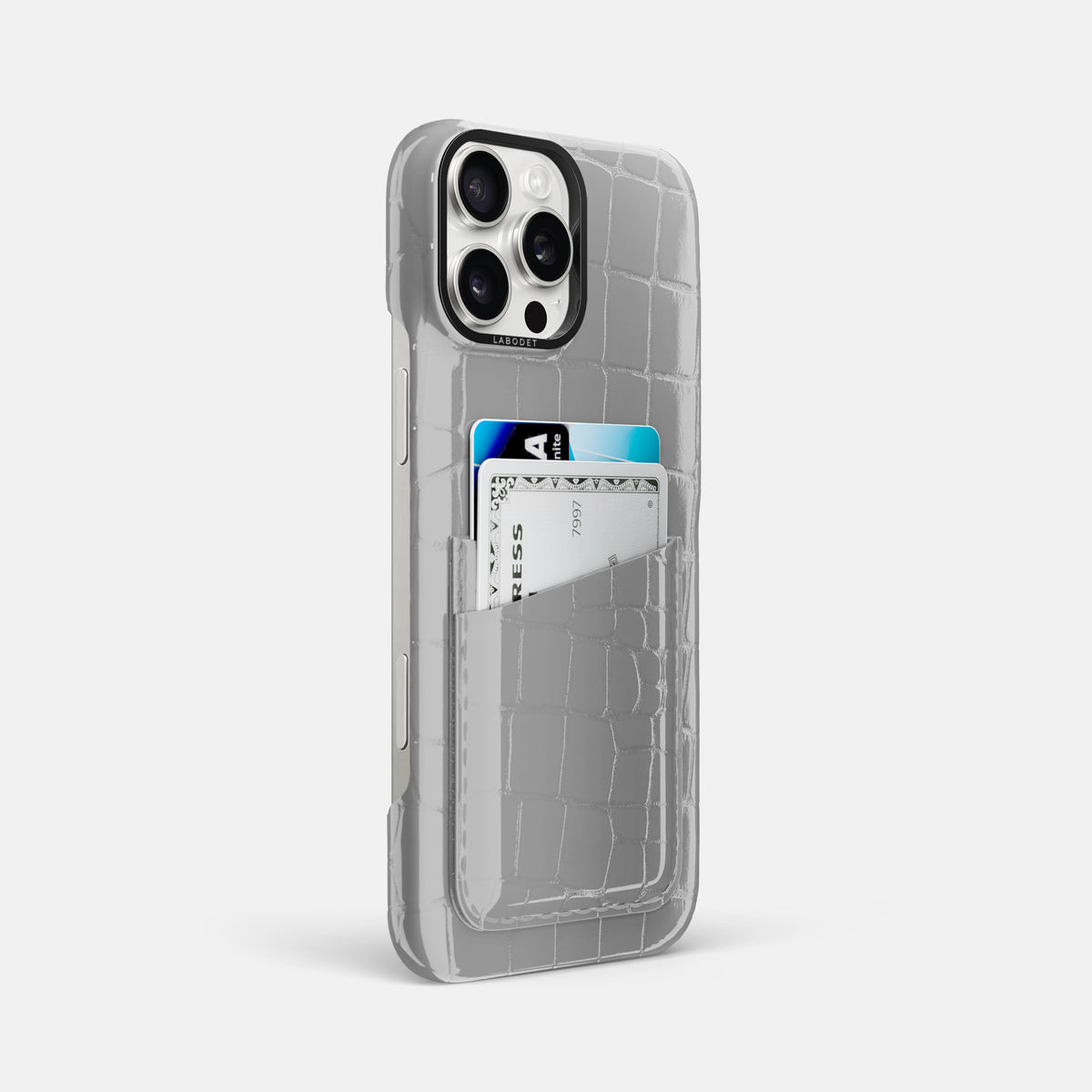 White iPhone 16 Pro Max Double Card Case Shiny Alligator with Black Metal -2 | White-Black