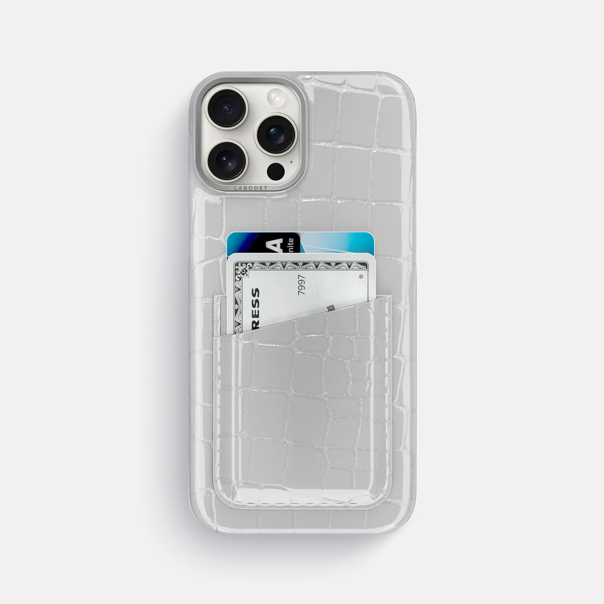 White iPhone 16 Pro Max Double Card Case Shiny Alligator with Steel Metal -1 | White-Steel