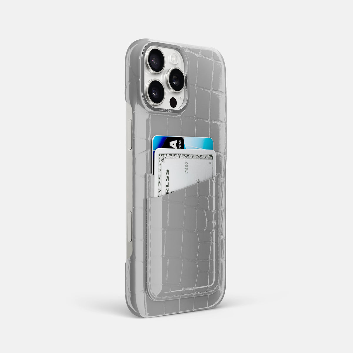 White iPhone 16 Pro Max Double Card Case Shiny Alligator with Steel Metal -2 | White-Steel