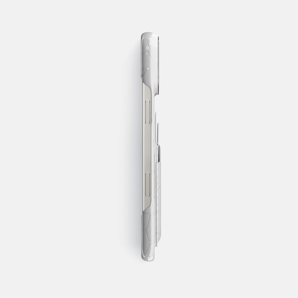 White iPhone 16 Pro Max Double Card Case Shiny Alligator with Steel Metal -3 | White-Steel