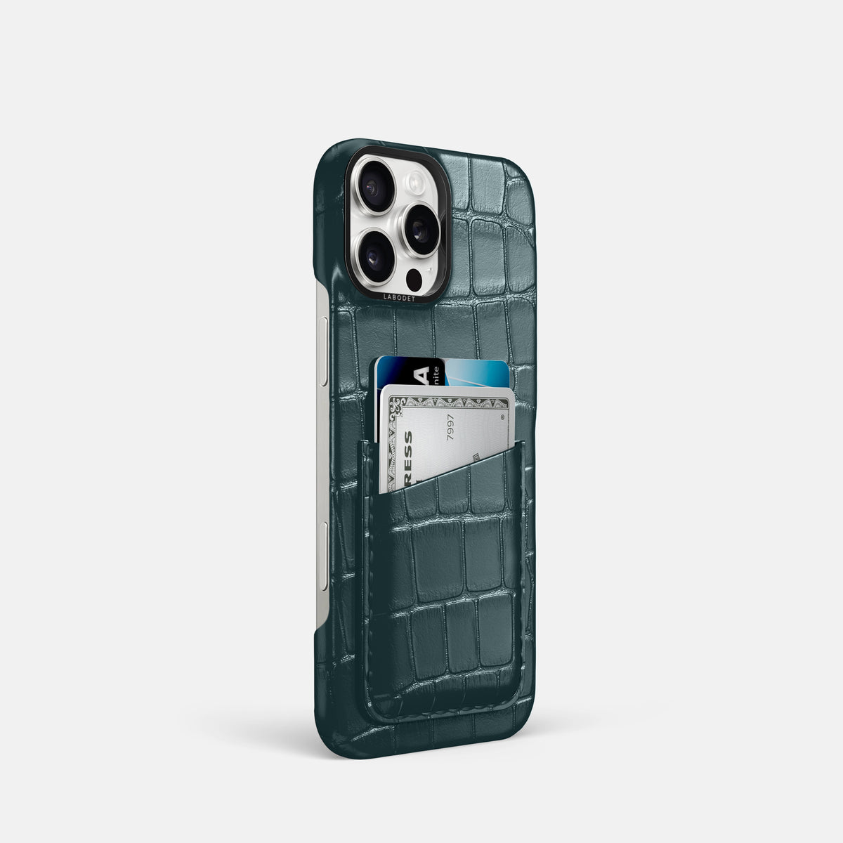 Metallic-Blue iPhone 16 Pro Card Case Alligator with Black Metal -2 | Metallic-Blue-Black