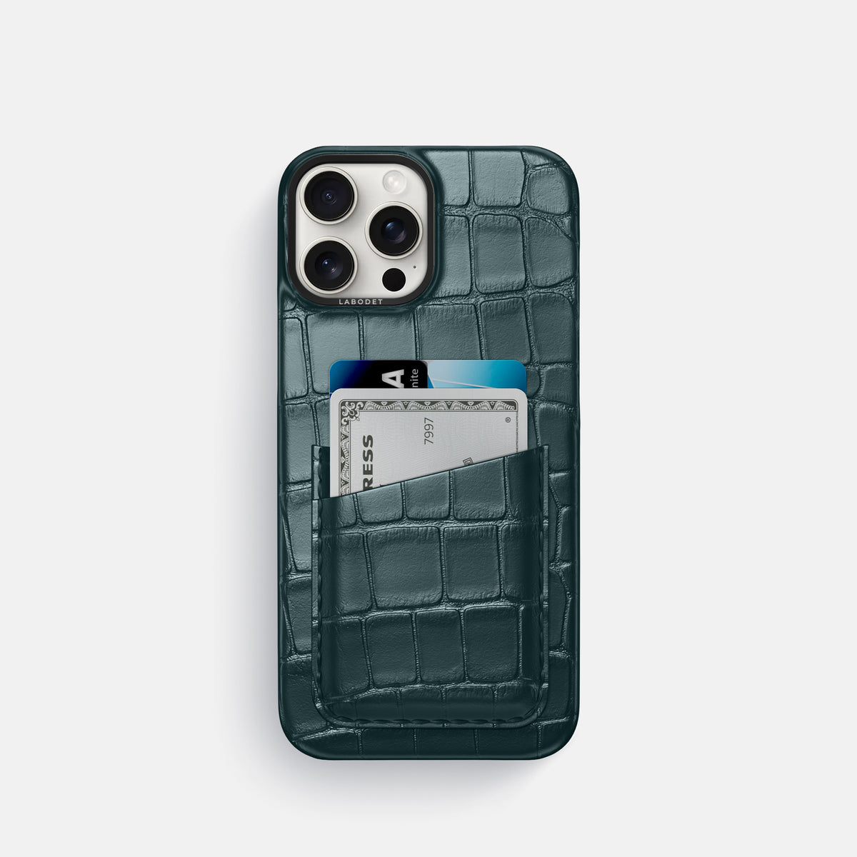 Metallic-Blue iPhone 16 Pro Card Case Alligator with Gold Metal -1 | Metallic-Blue-Gold
