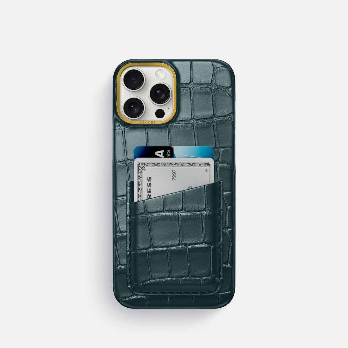 Metallic-Blue iPhone 16 Pro Card Case Alligator with Gold Metal -1 | Metallic-Blue-Gold