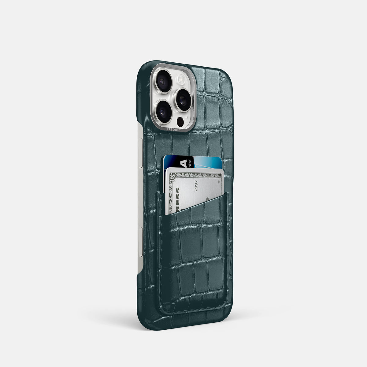 Metallic-Blue iPhone 16 Pro Card Case Alligator with Steel Metal -2 | Metallic-Blue-Steel