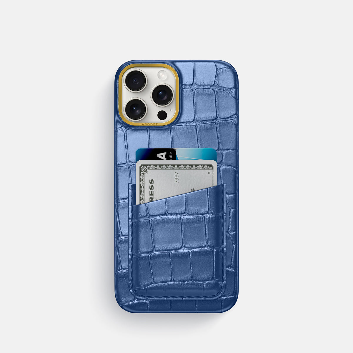 Pearlized-Blue iPhone 16 Pro Card Case Alligator with Gold Metal -1 | Pearlized-Blue-Gold