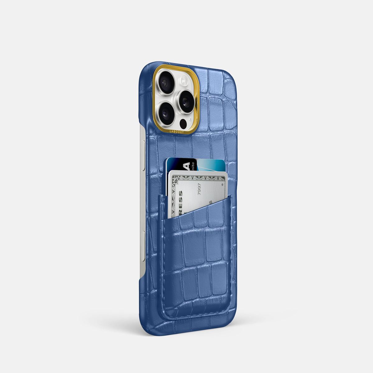 Pearlized-Blue iPhone 16 Pro Card Case Alligator with Gold Metal -2 | Pearlized-Blue-Gold