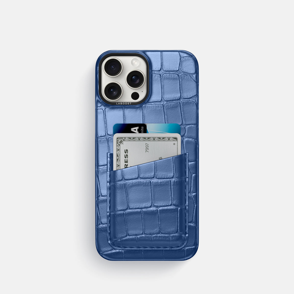 Pearlized-Blue iPhone 16 Pro Card Case Alligator with Steel Metal -1 | Pearlized-Blue-Steel