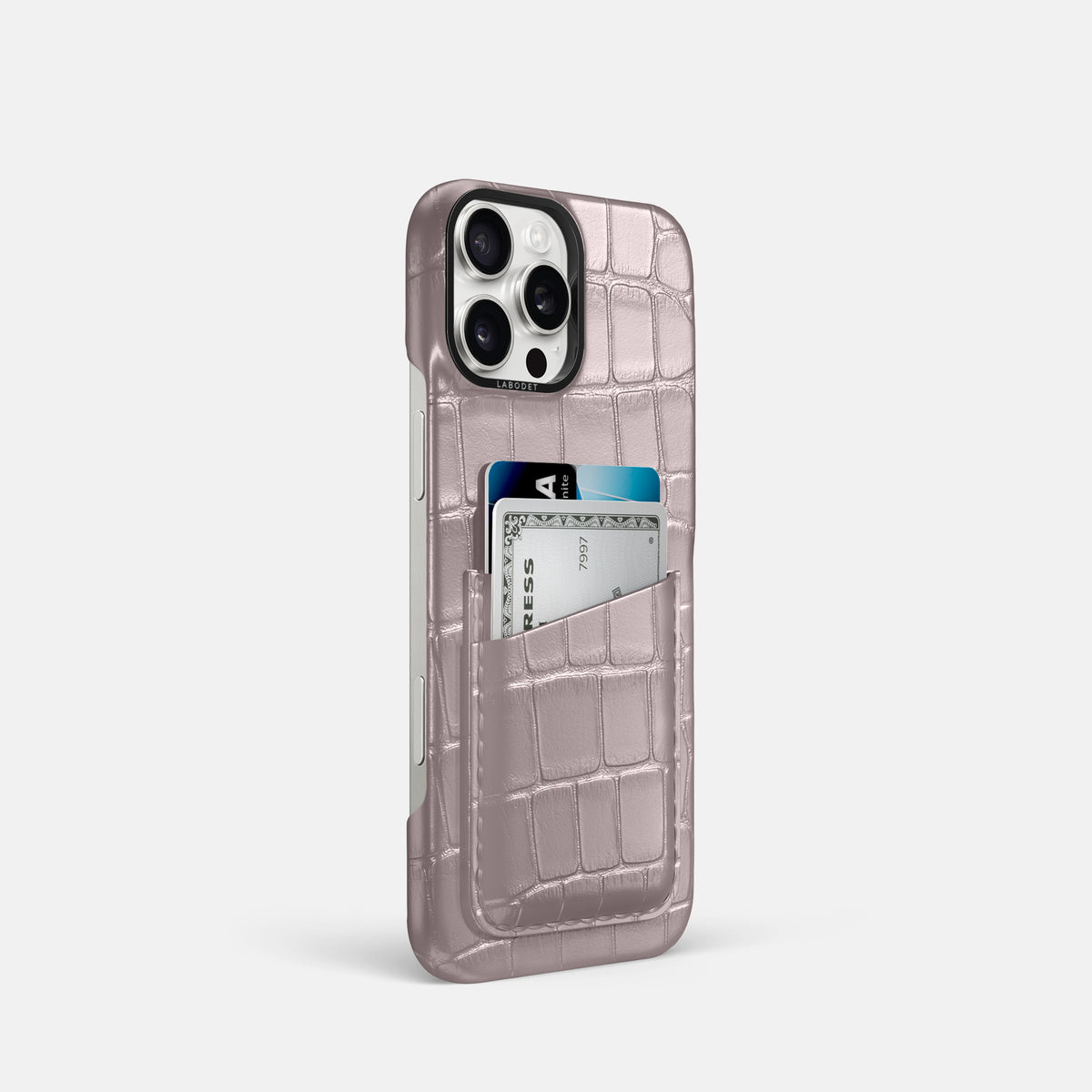 Pearlized-Pink iPhone 16 Pro Card Case Alligator with Black Metal -2 | Pearlized-Pink-Black