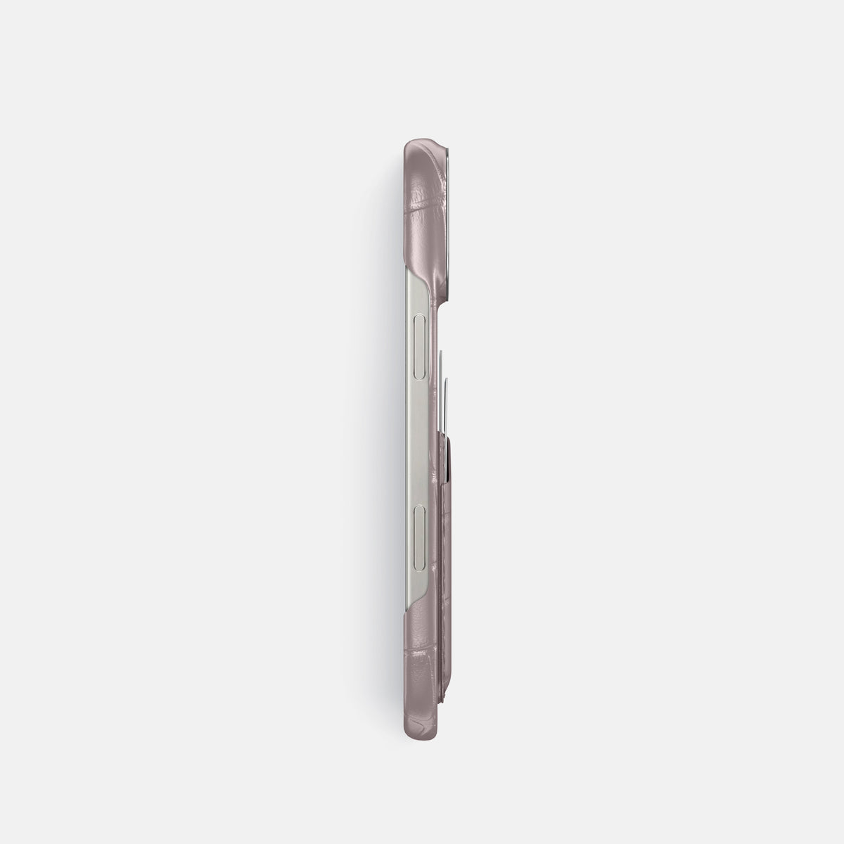 Pearlized-Pink iPhone 16 Pro Card Case Alligator with Steel Metal -3 | Pearlized-Pink-Steel