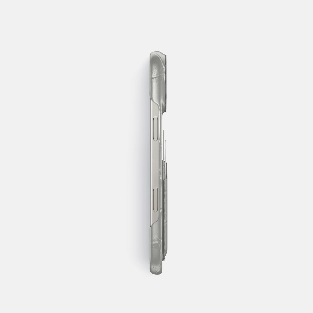 Pearlized-White iPhone 16 Pro Card Case Alligator with Steel Metal -3 | Pearlized-White-Steel