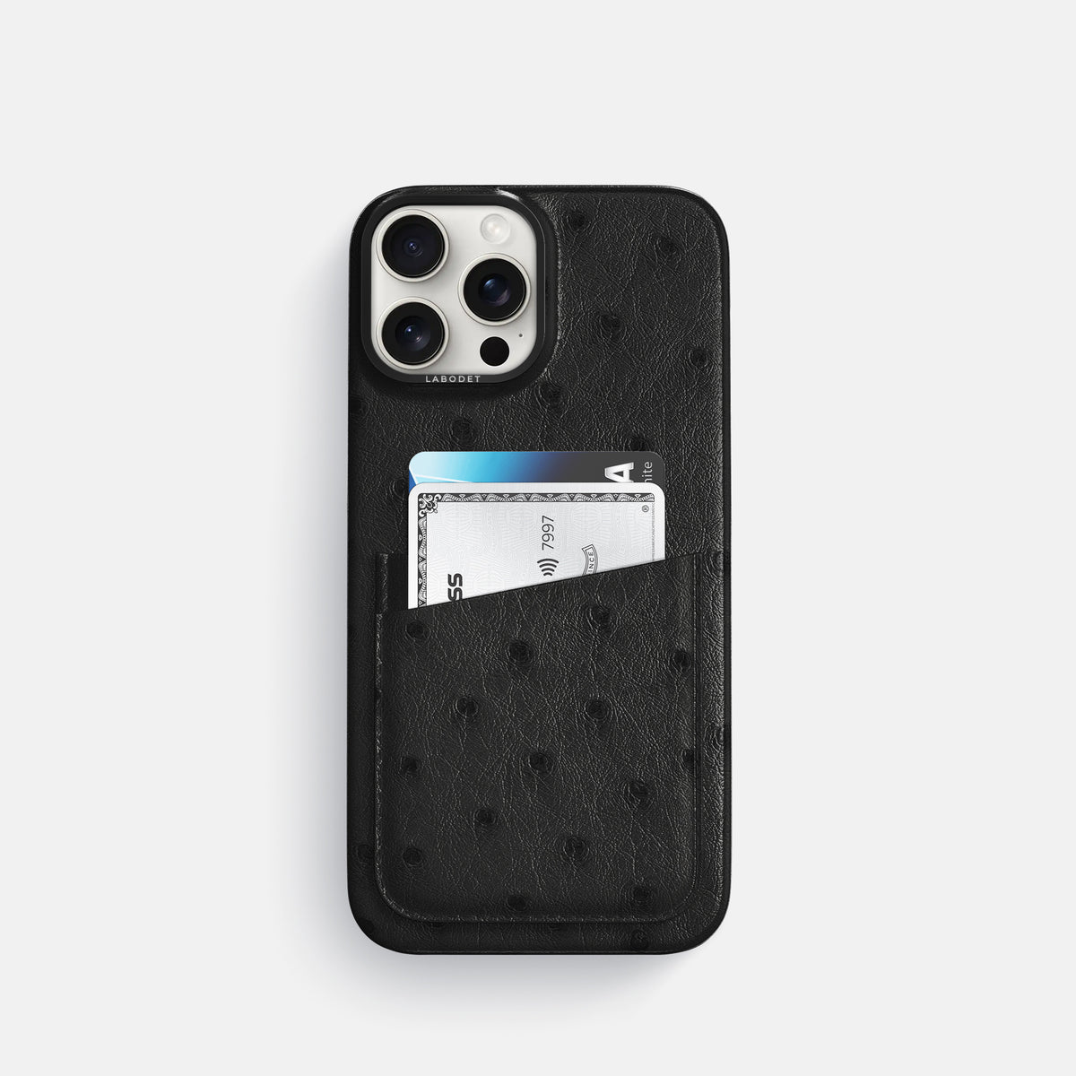 Black iPhone 16 Pro Card Case Ostrich with Black Metal -1 | Black-Black