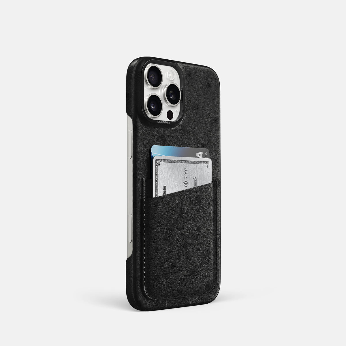 Black iPhone 16 Pro Card Case Ostrich with Black Metal -2 | Black-Black