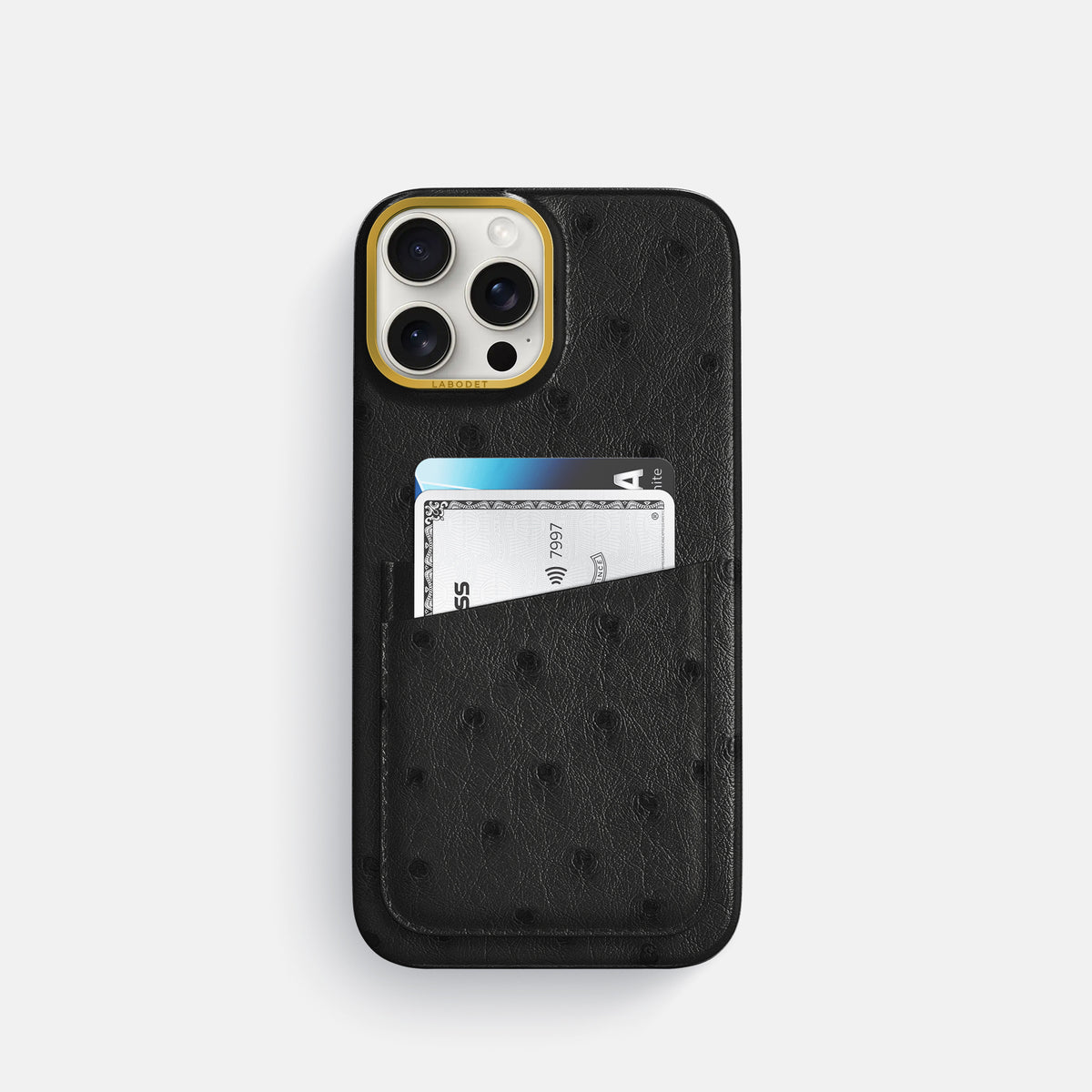 Black iPhone 16 Pro Card Case Ostrich with Gold Metal -1 | Black-Gold