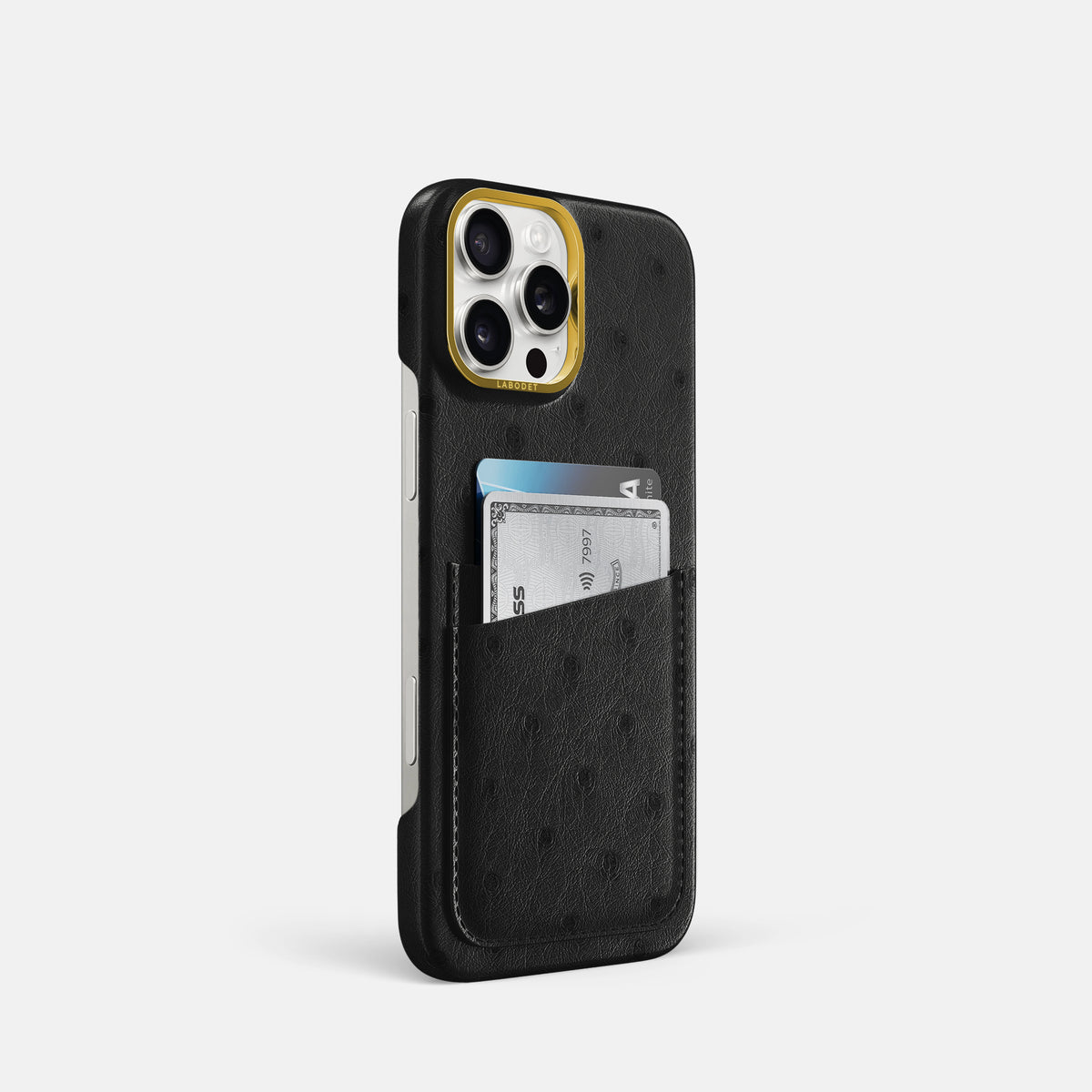Black iPhone 16 Pro Card Case Ostrich with Gold Metal -2 | Black-Gold