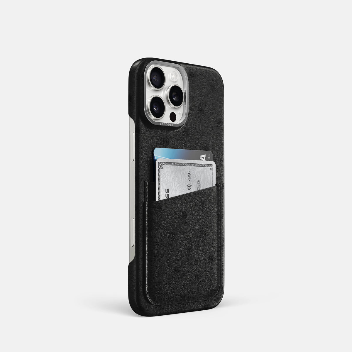 Black iPhone 16 Pro Card Case Ostrich with Steel Metal -2 | Black-Steel