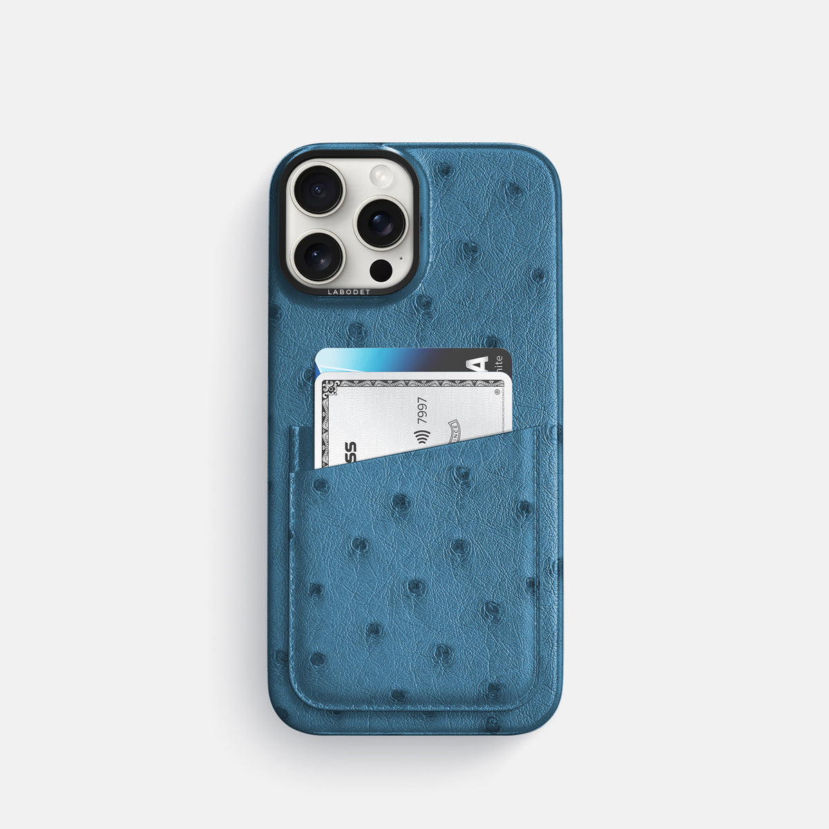 Blue-Jeans iPhone 16 Pro Card Case Ostrich with Black Metal -1 | Blue-Jeans-Black