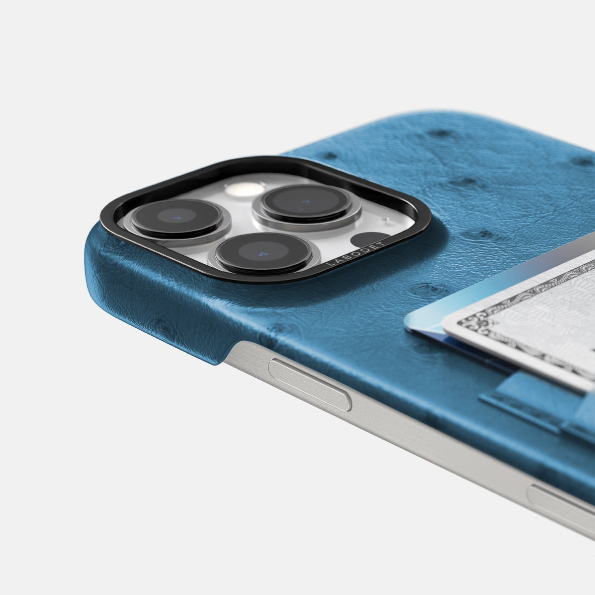 Blue-Jeans iPhone 16 Pro Card Case Ostrich with Black Metal -5 | Blue-Jeans-Black