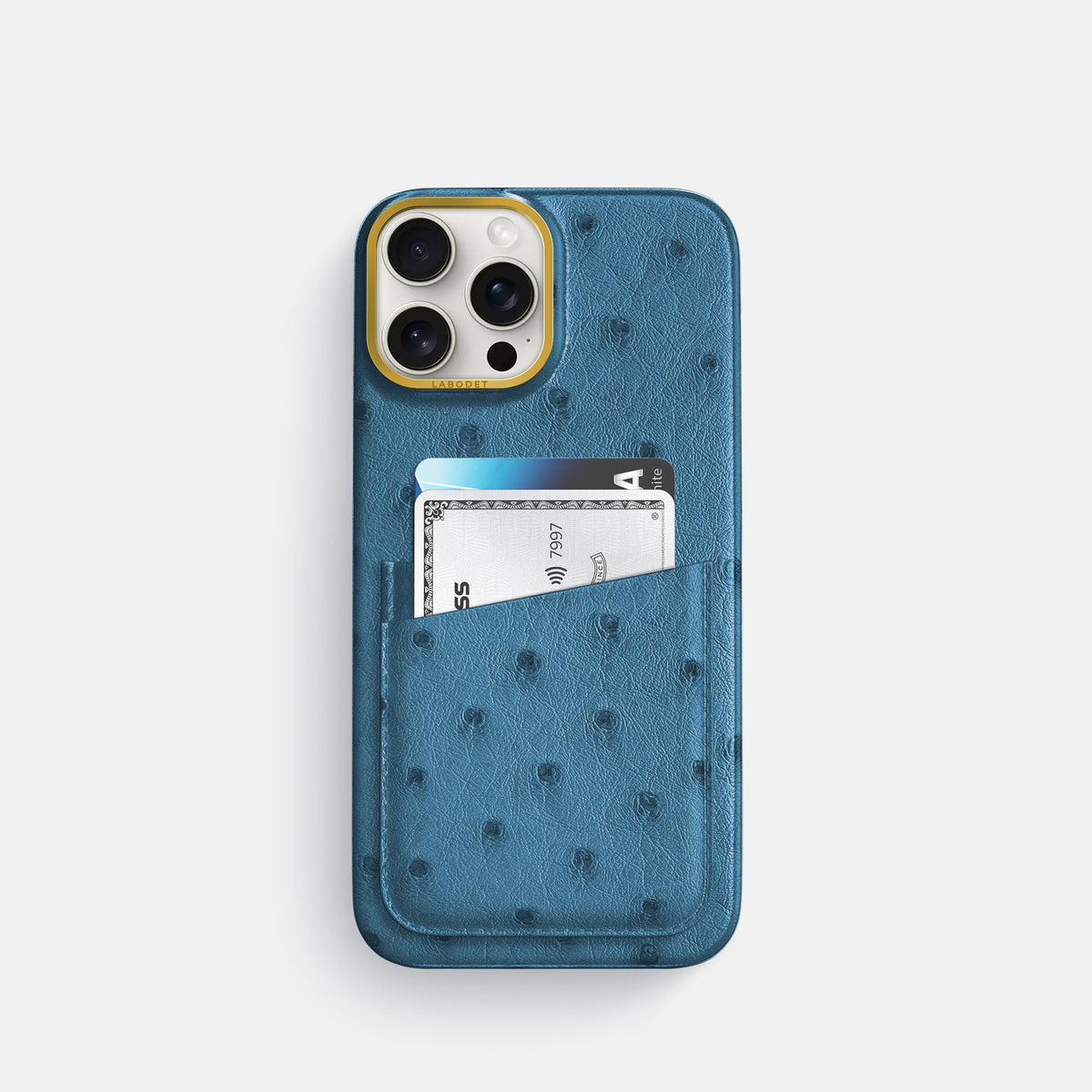 Blue-Jeans iPhone 16 Pro Card Case Ostrich with Gold Metal -1 | Blue-Jeans-Gold