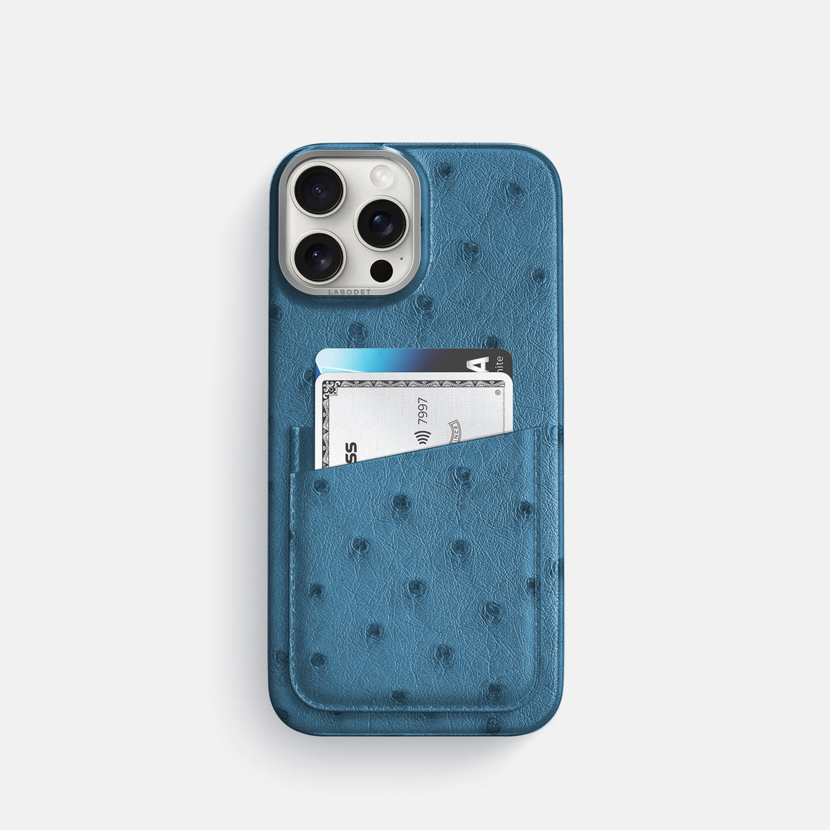 Blue-Jeans iPhone 16 Pro Card Case Ostrich with Steel Metal -1 | Blue-Jeans-Steel