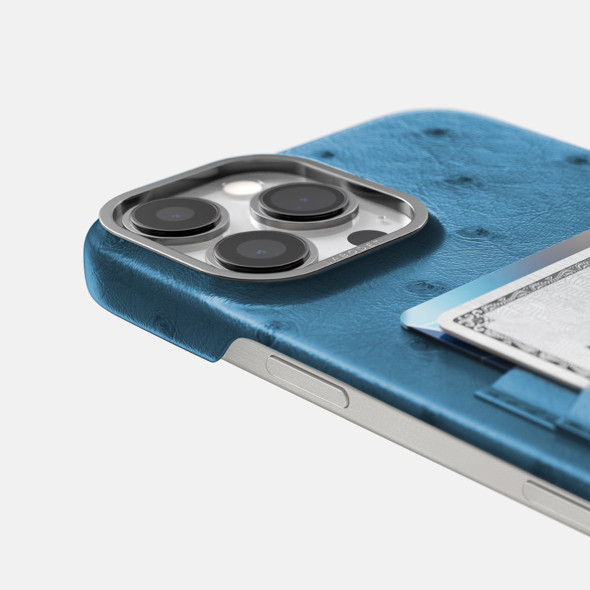 Blue-Jeans iPhone 16 Pro Card Case Ostrich with Steel Metal -5 | Blue-Jeans-Steel