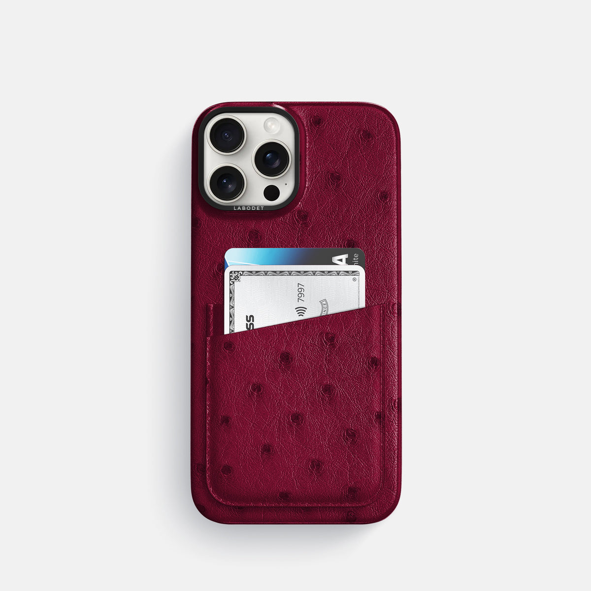 Bordeaux iPhone 16 Pro Card Case Ostrich with Black Metal -1 | Bordeaux-Black