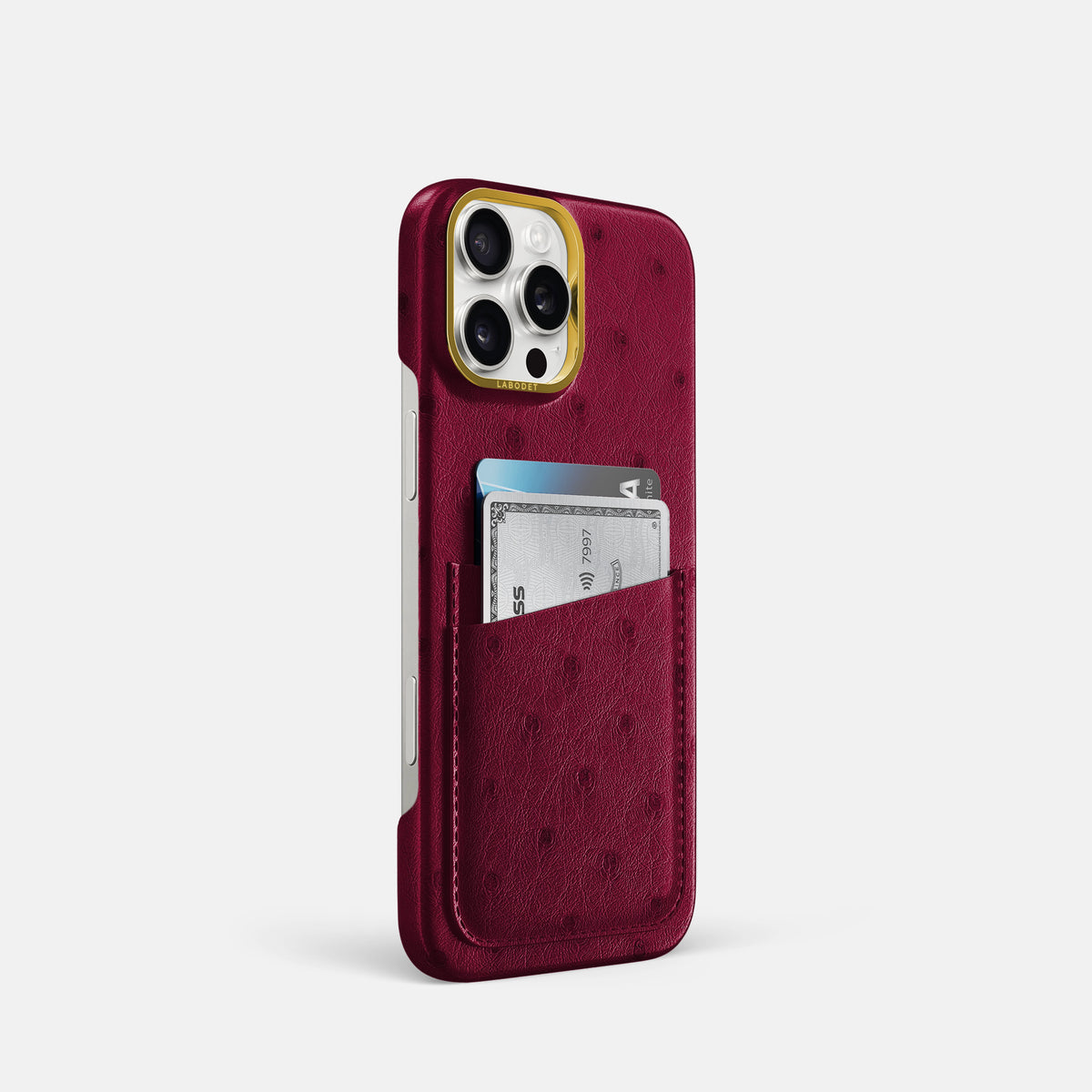 Bordeaux iPhone 16 Pro Card Case Ostrich with Gold Metal -2 | Bordeaux-Gold