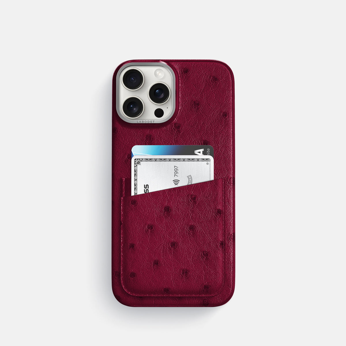 Bordeaux iPhone 16 Pro Card Case Ostrich with Steel Metal -1 | Bordeaux-Steel