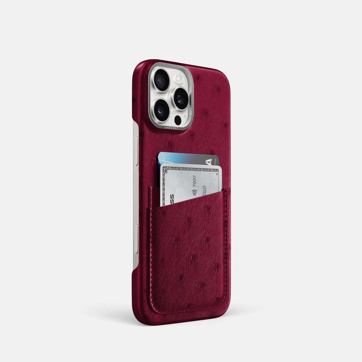 Bordeaux iPhone 16 Pro Card Case Ostrich with Steel Metal -2 | Bordeaux-Steel